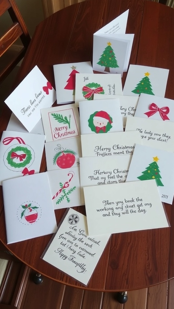 A variety of handmade Christmas cards with colorful designs and decorations on a wooden table.